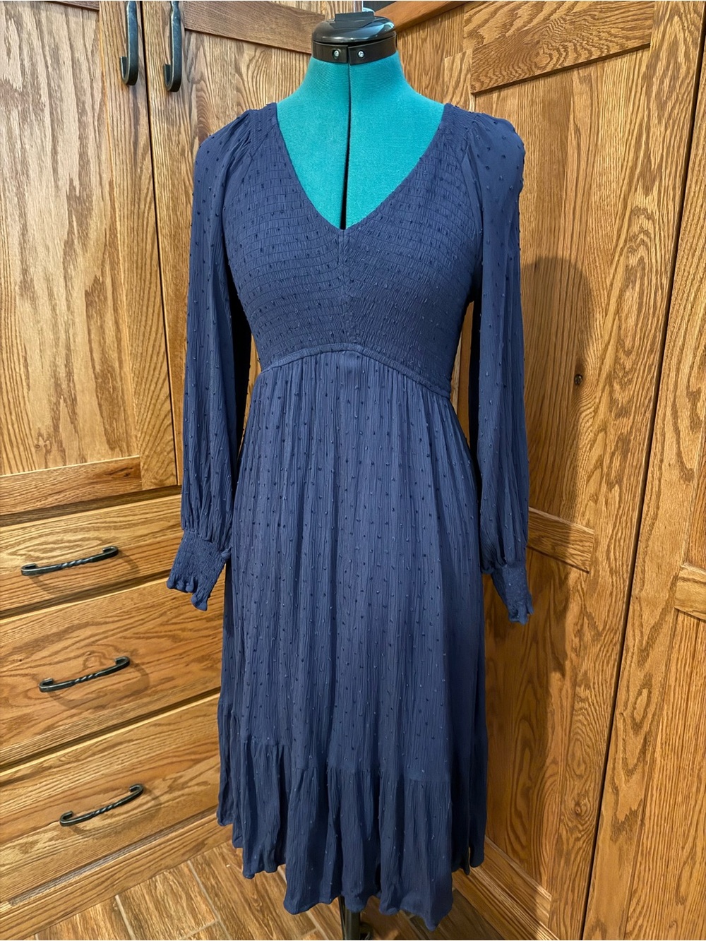 Baltic Born Navy Textured V-Neck Long Sleeve Midi Dress